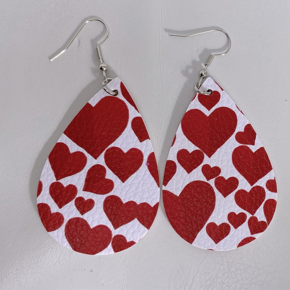 White & Red Hearts EARRINGS Faux Leather Teardrop Dangle